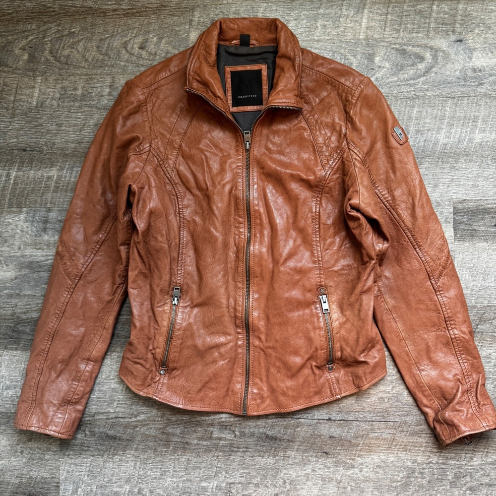 Mauritius Lamb Leather Moto Jacket Size 12 Slim Cognac Brown Zip Biker Coat